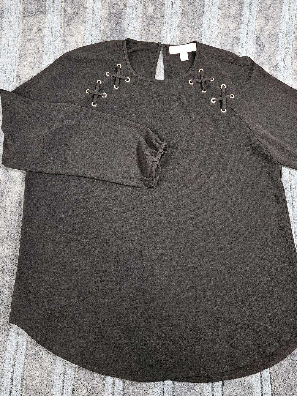 Michael Kors Black Long-Sleeve Blouse with Eyelet Lace-Up Accents